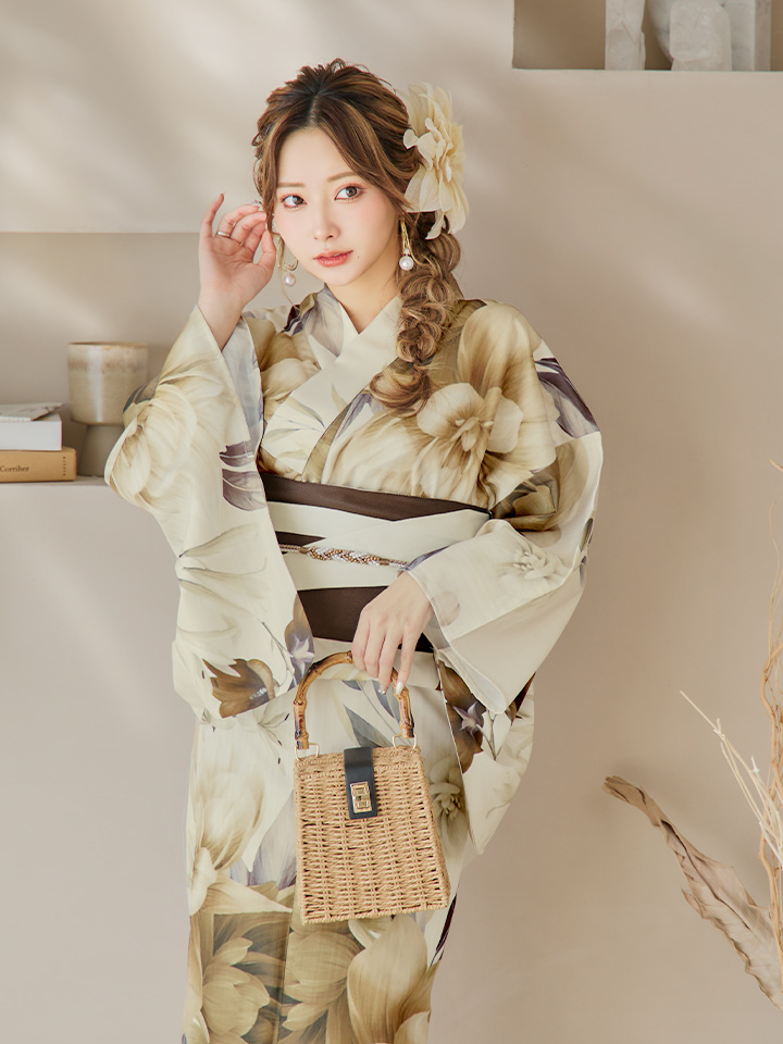 即日発送】ブラウンベージュクラシックフラワー浴衣【浴衣3点セット