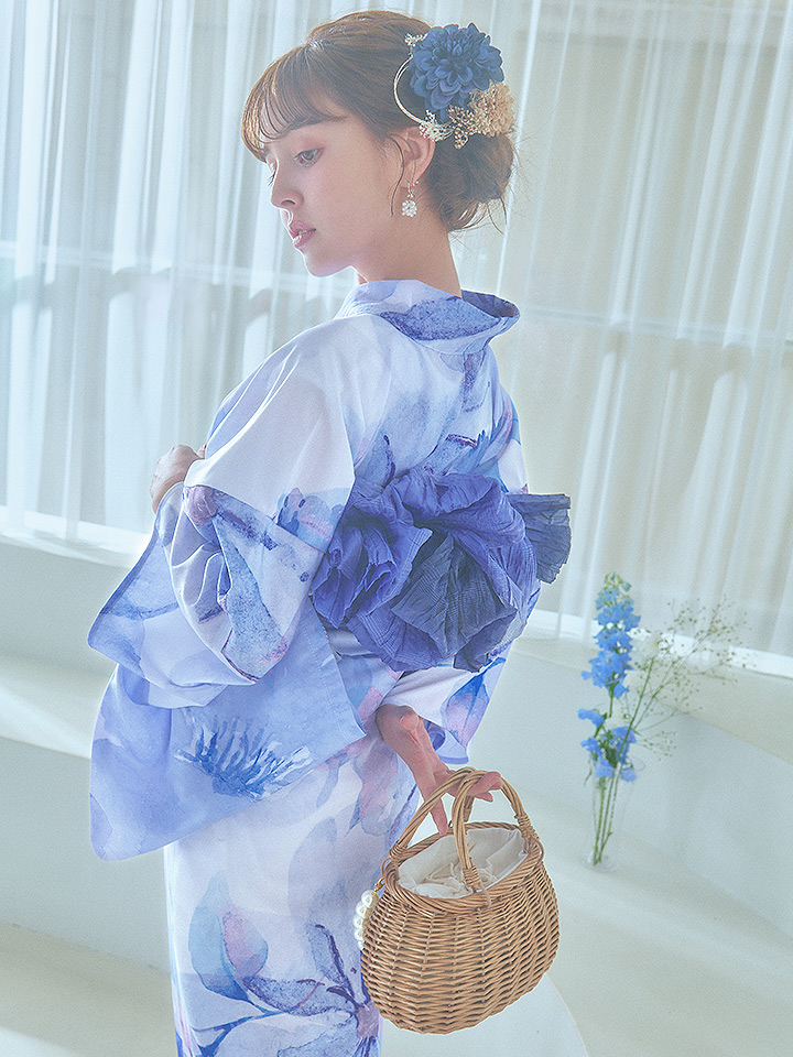 即日発送】水彩フラワーブルー浴衣【浴衣3点セット 浴衣/帯/下駄