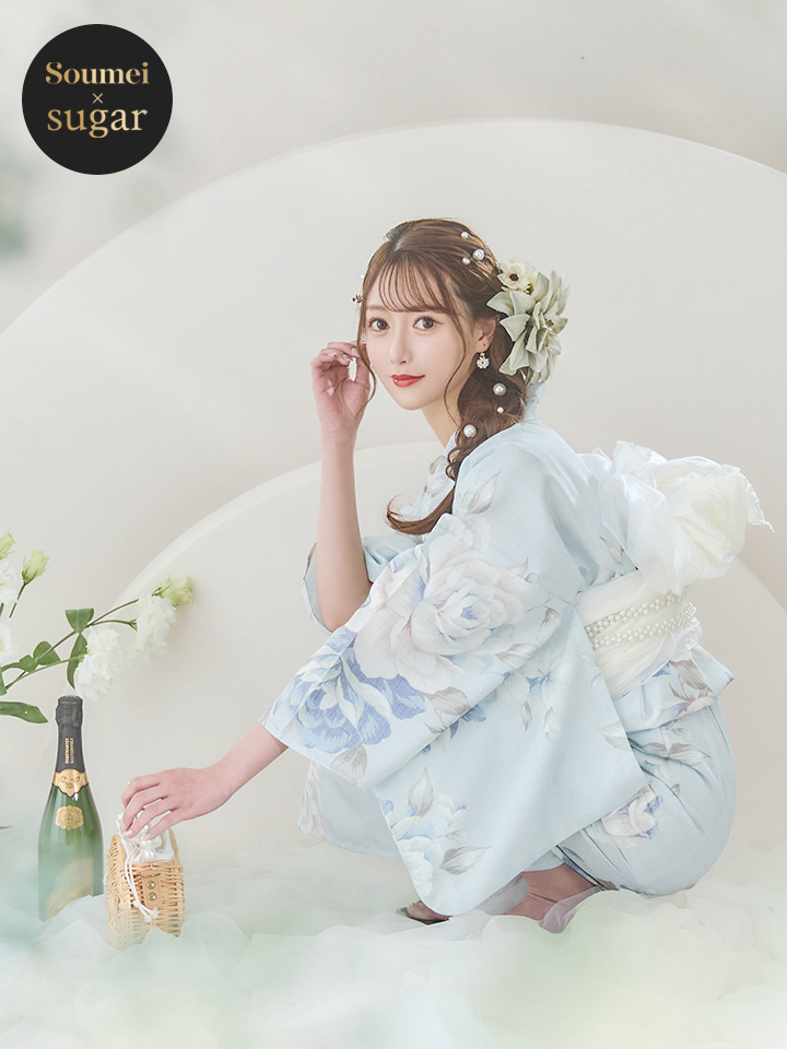 即日発送】クラシカルローズブルー浴衣【浴衣3点セット 浴衣/帯/下駄