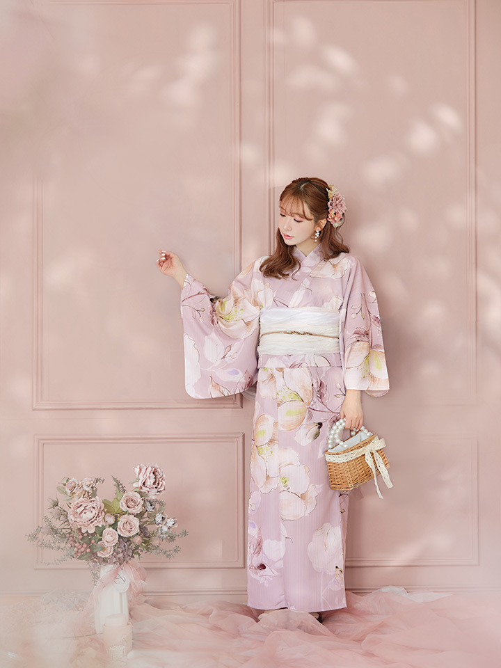 即日発送】大人くすみピンクx牡丹浴衣【浴衣3点セット 浴衣/帯/下駄