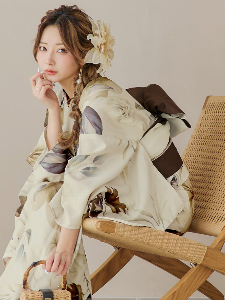 即日発送】ブラウンベージュクラシックフラワー浴衣【浴衣3点セット