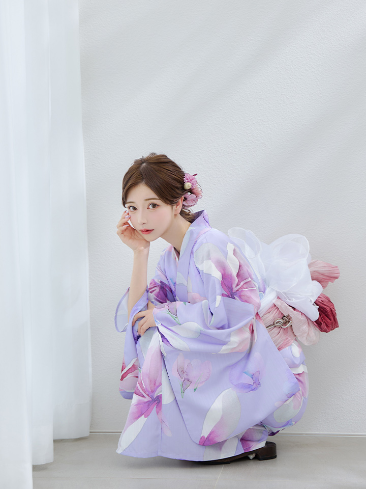 即日発送】【Riuコラボ】パープル地に咲く百合浴衣【浴衣3点セット