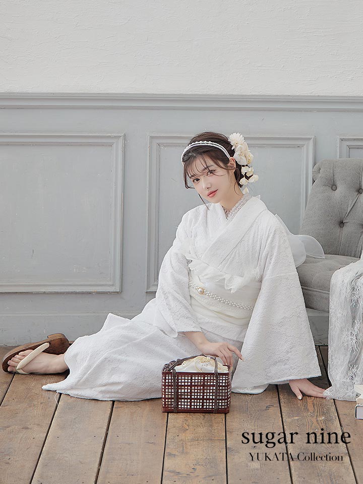 即日発送】【浴衣セール】白レース浴衣 【浴衣3点セット 浴衣/帯/下駄