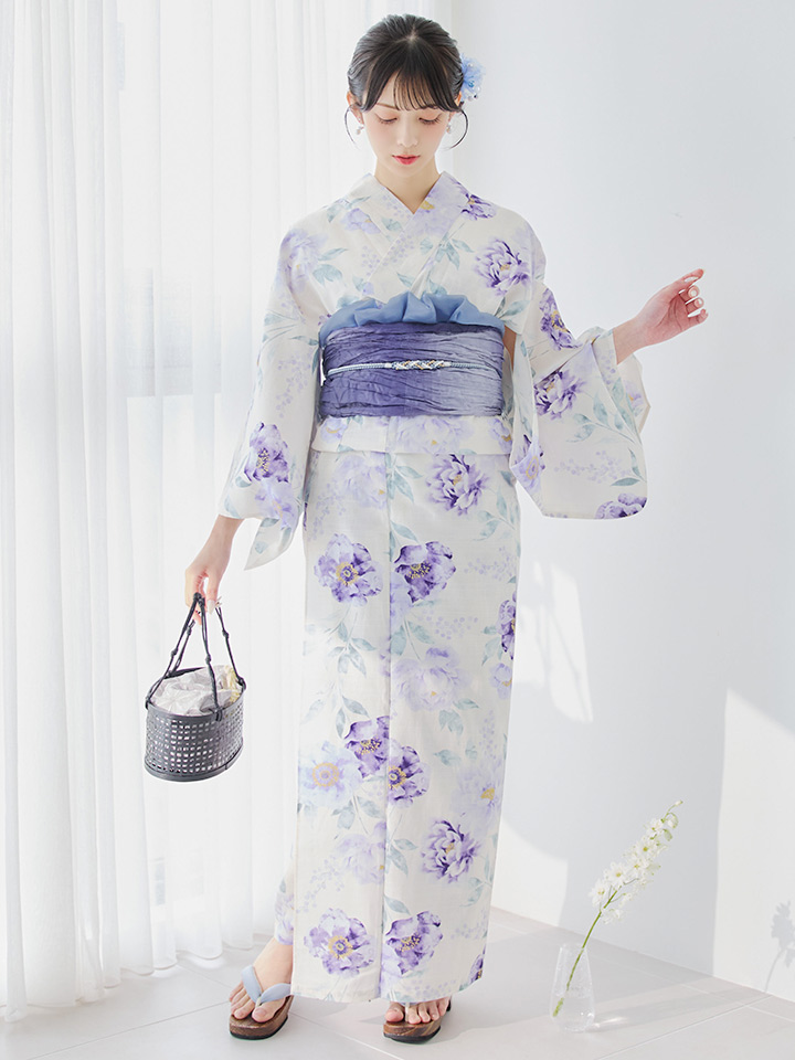 即日発送】水彩紫牡丹柄浴衣【浴衣3点セット 浴衣/帯/下駄】[OF04
