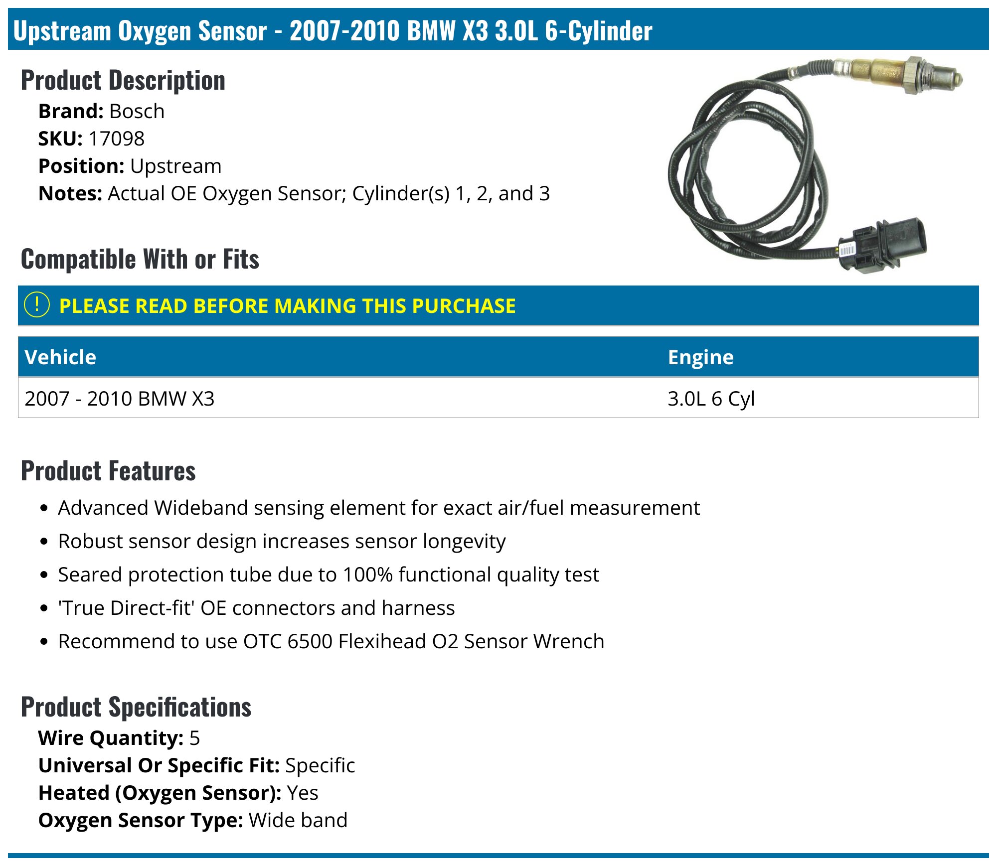 2007-2010 BMW X3 Oxygen Sensor - Bosch 17098 - Upstream