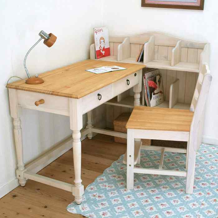 白いカントリー学習机｜上置き本棚付カントリーデスク 白｜木製取手