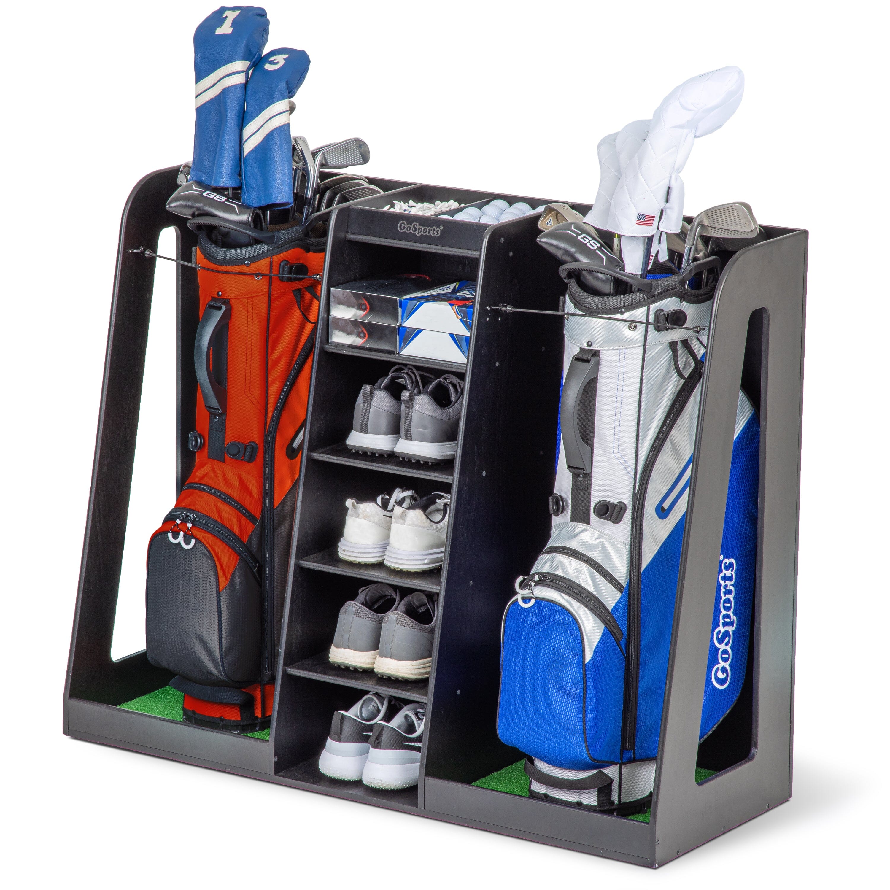 GoSports Double Premium Wooden Golf Bag Organizer and Storage Rack