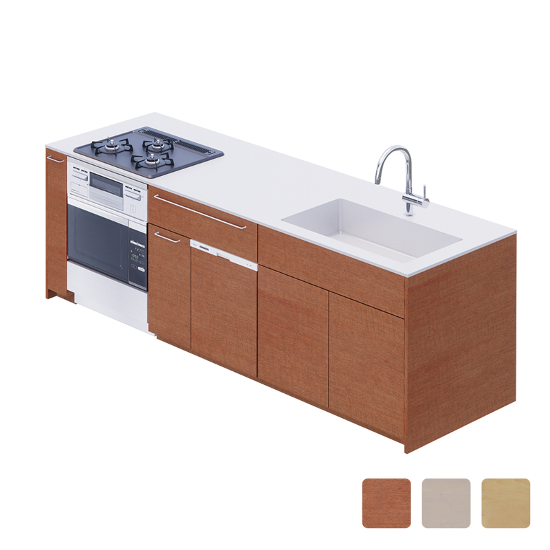 木製システムキッチン 対面型 W2440～2740 コンロなし 食洗機仕様 | KB