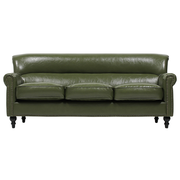 オリーブグリーンPUレザーヴィンテージスタイル3シーターソファ
