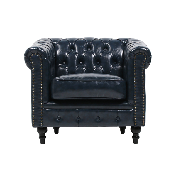 ネイビーブルーPUレザーコンパクトチェスターフィールドシングルソファ