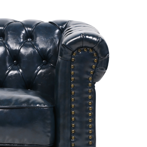 ネイビーブルーPUレザーコンパクトチェスターフィールドシングルソファ