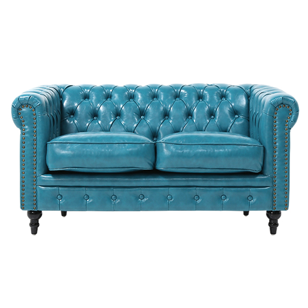 ターコイズブルーPUレザーコンパクトチェスターフィールド2シーター