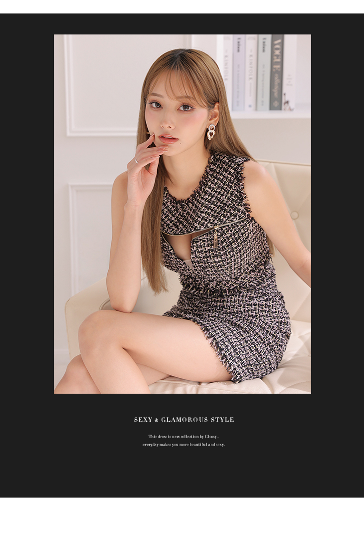 XS～Lサイズあり】ツイードxフロントジッパータイトミニキャバドレス