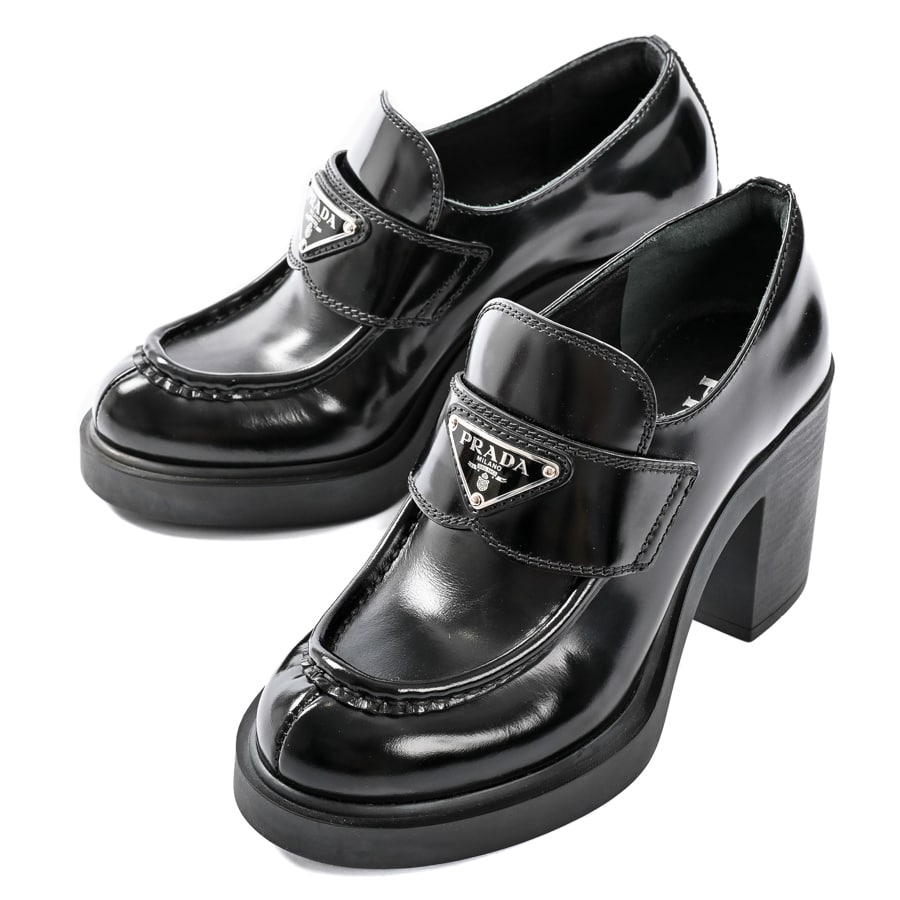 PRADAチョコレートブラッシュドレザーハイヒールローファー36 【公式通販】