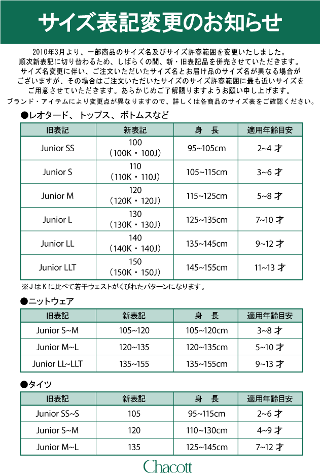 サイズ表記変更のお知らせ | チャコットオンライショップ楽天市場店