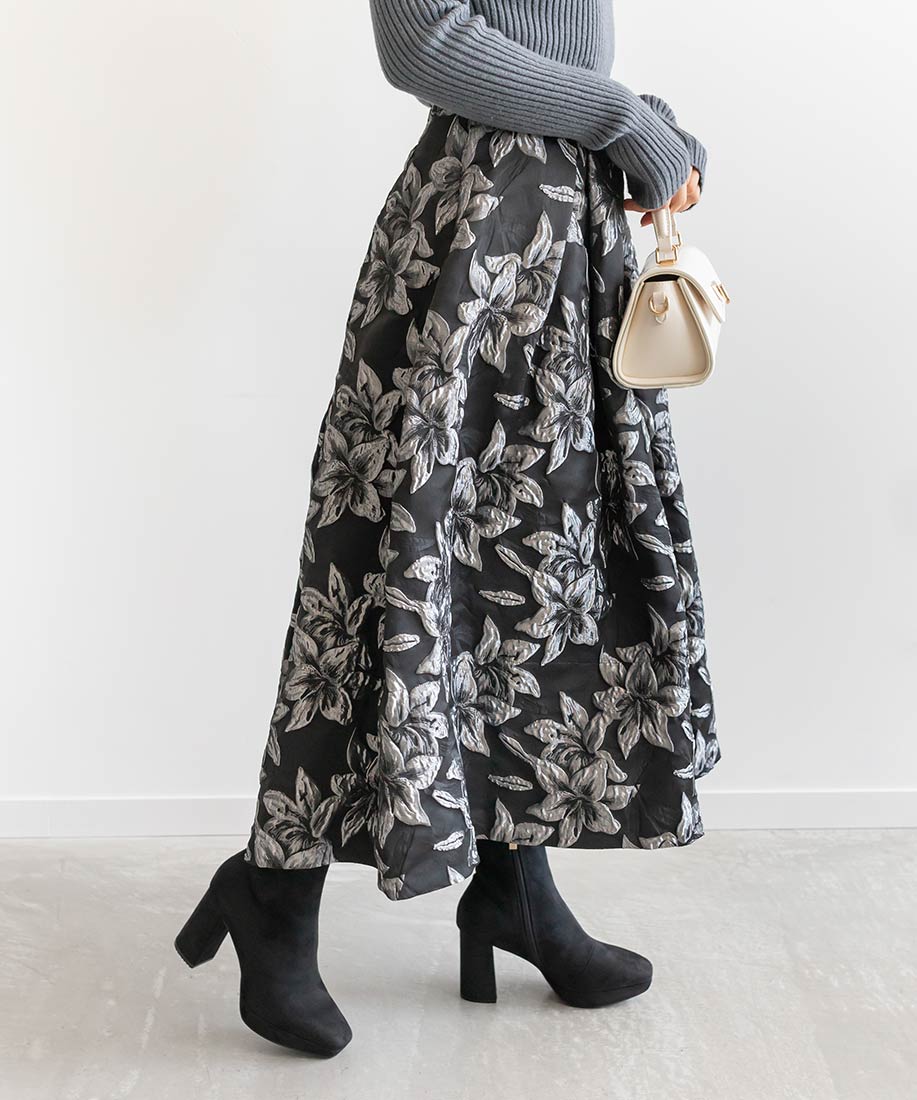 SALE】フラワージャガードフレアスカート