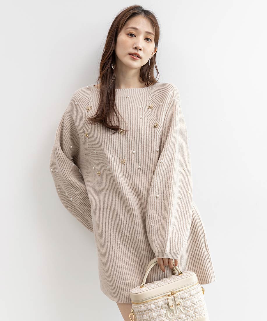 SALE】【選べる丈感】リボン×パール付きミニニットワンピースRANDA公式