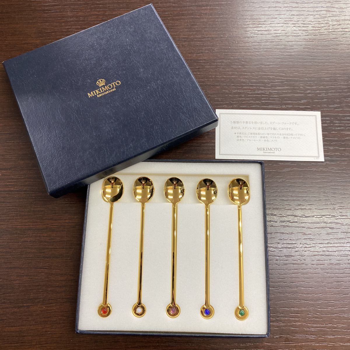 MIKIMOTO ミキモト スプーン ゴールドカラー 18-8GP 半貴石 箱付き 5本