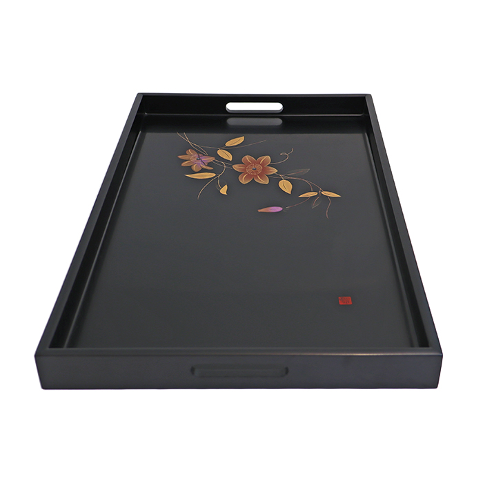 尺七寸長手盆 本金研蒔絵 木製 高級漆器 漆塗り 鉄火花 花柄 ブラック