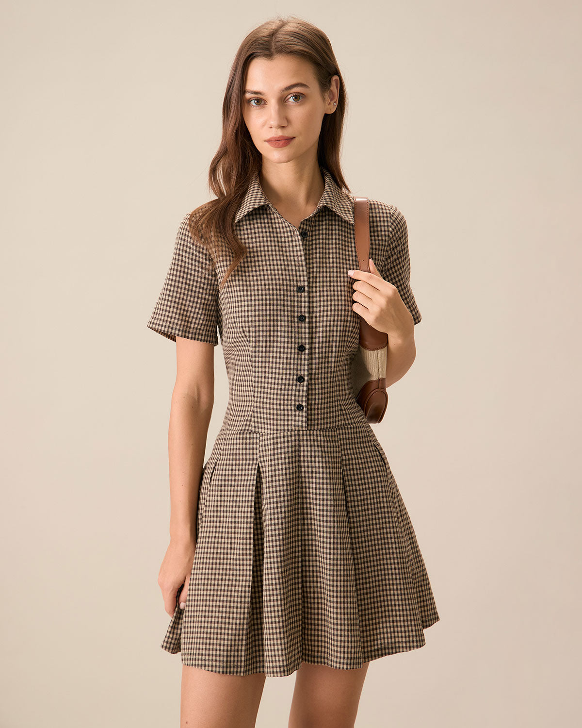 Women's Brown Plaid Lapel Pleated Mini Dress & Reviews - Brown