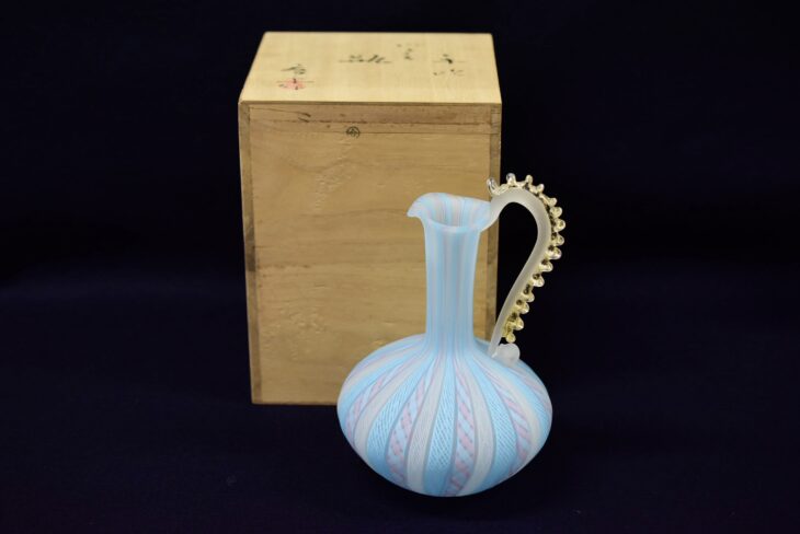本物保証】藤田喬平 手吹 花瓶(水色系,手付) 共箱 高さ23㎝ 本物保証