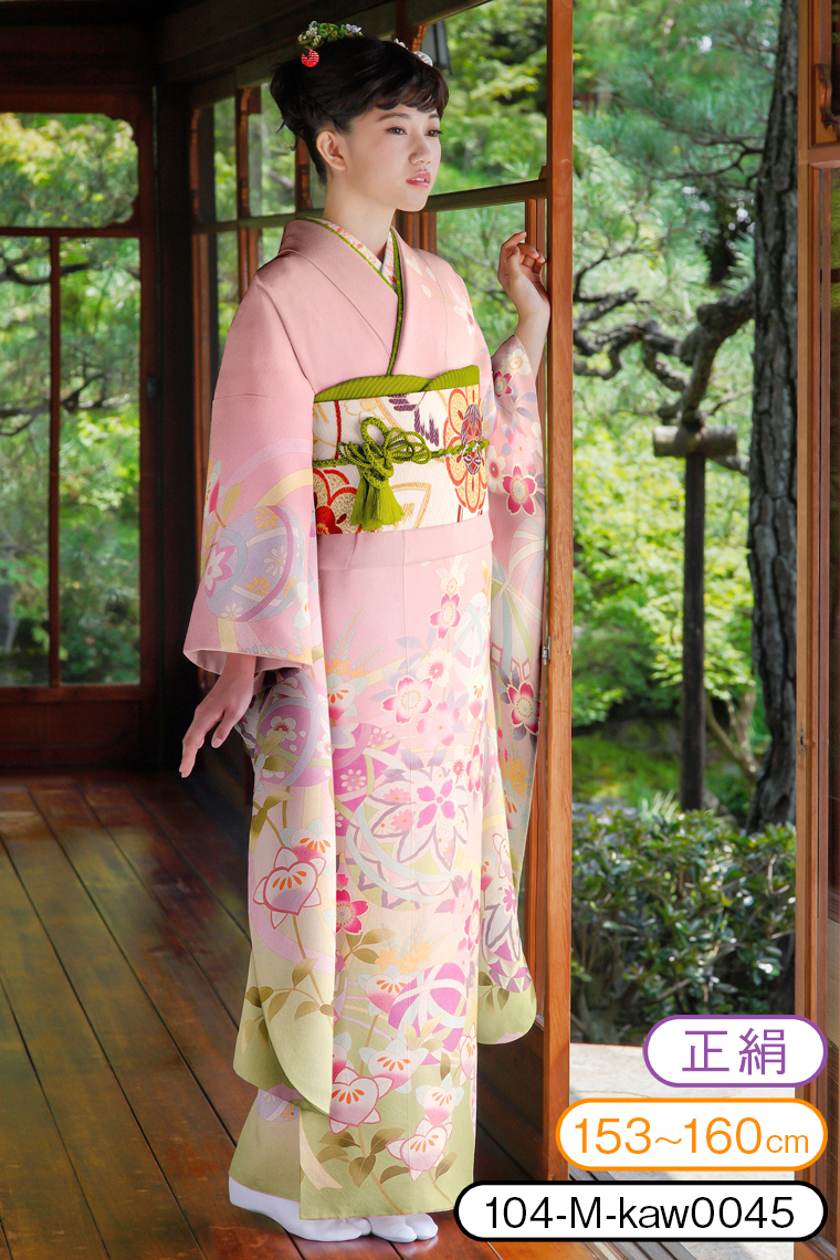 振袖レンタル 振袖Mサイズ 加賀友禅風 鞠遊び 桃色/黄緑｜着物レンタル