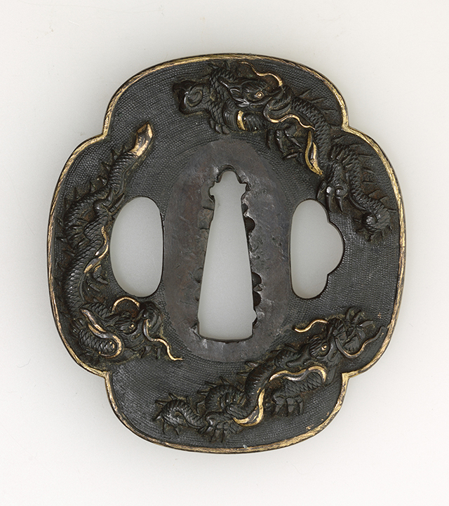 舳◯ 細工唐銅金銀象嵌 紋波紋鍔 岷江在銘 刀装具 武具