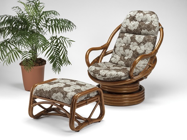 籐・ラタンのハイバック回転椅子/椅子/ロッキング機能付き/高級本革