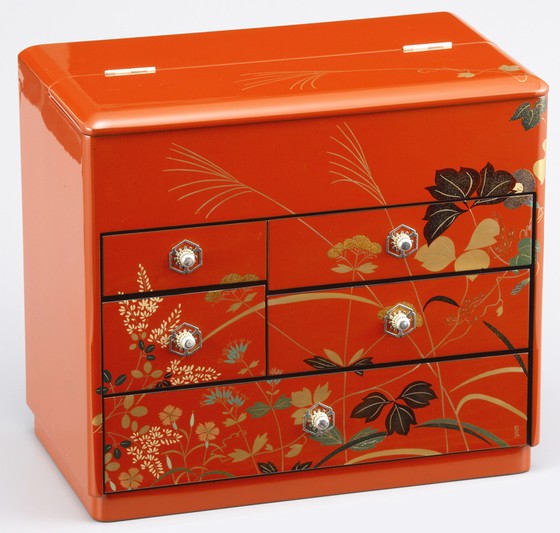 朱塗り 蒔絵 小箪笥 小引き出し 茶箪笥 金彩 和風 飾り棚 小タンス・朱