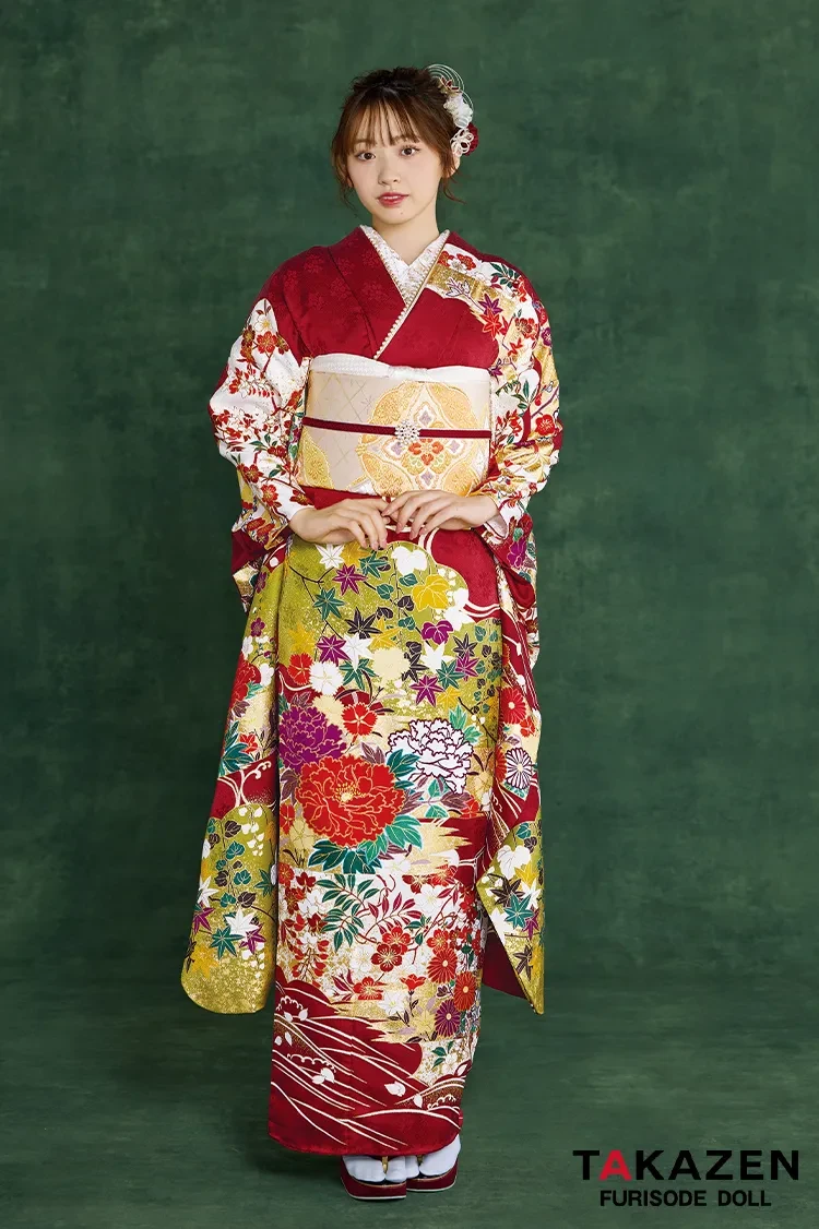 プレミアム古典 青柳/最高級金彩絞り手描友禅 エンジ 牡丹柄 大人っ