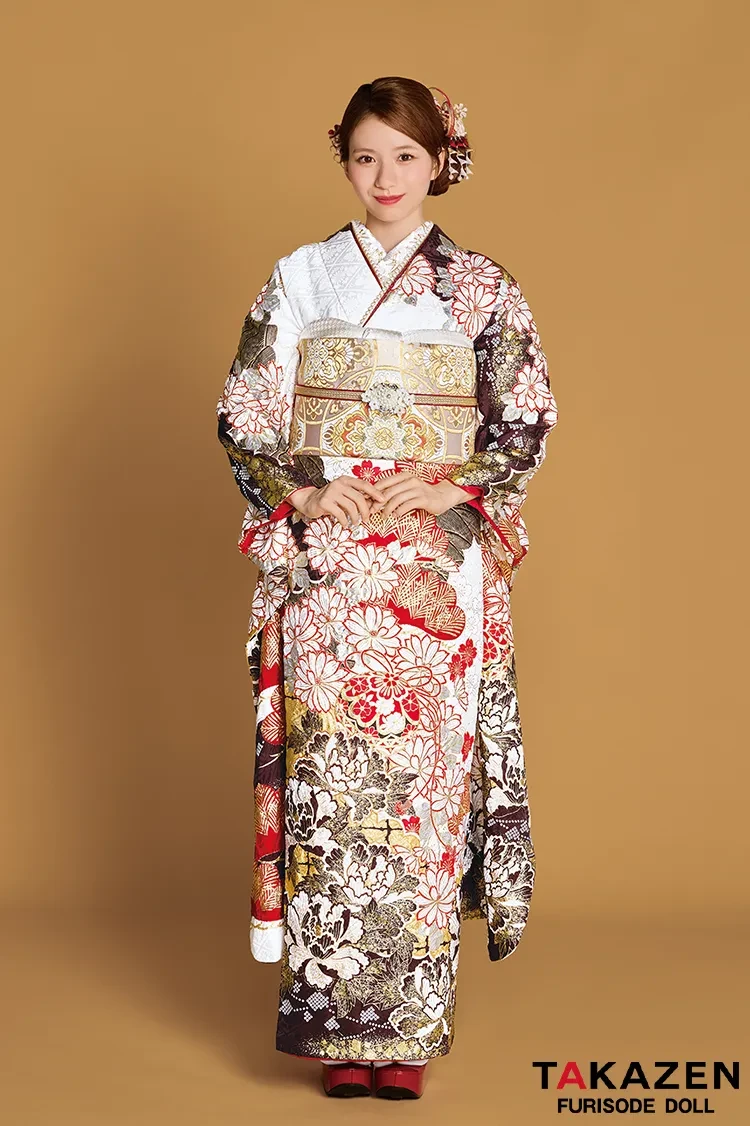 プレミアム古典柄振袖 滝泰/最高級金彩刺繍絞り友禅 赤/金 鞠柄/牡丹柄