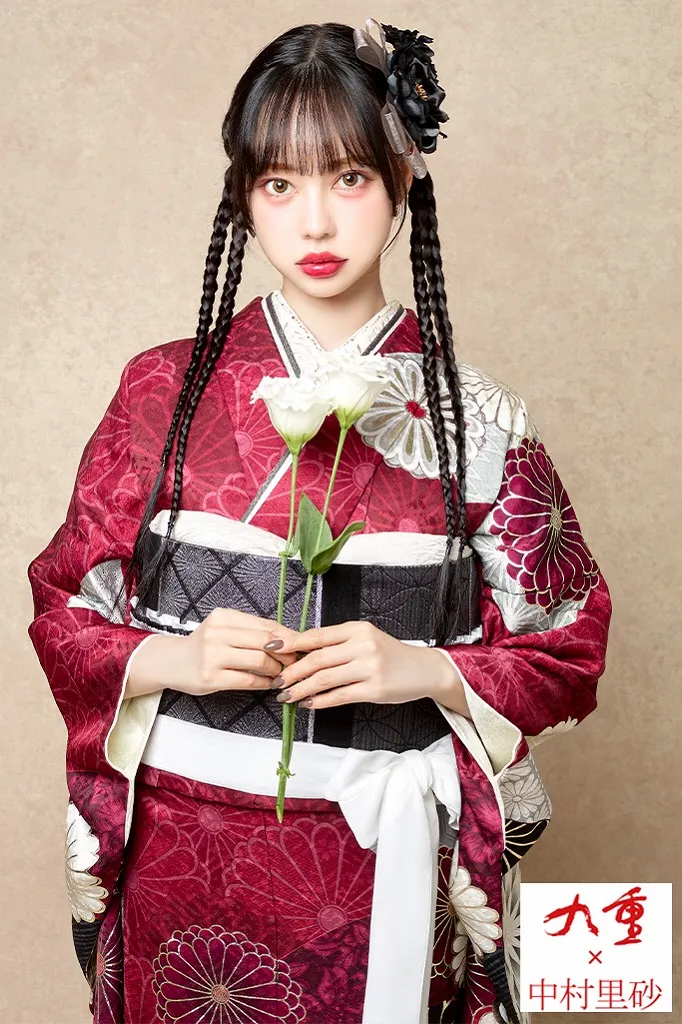 九重×中村里砂 ワインレッド/エンジ 菊柄 おしゃれ 流行 大人っぽい