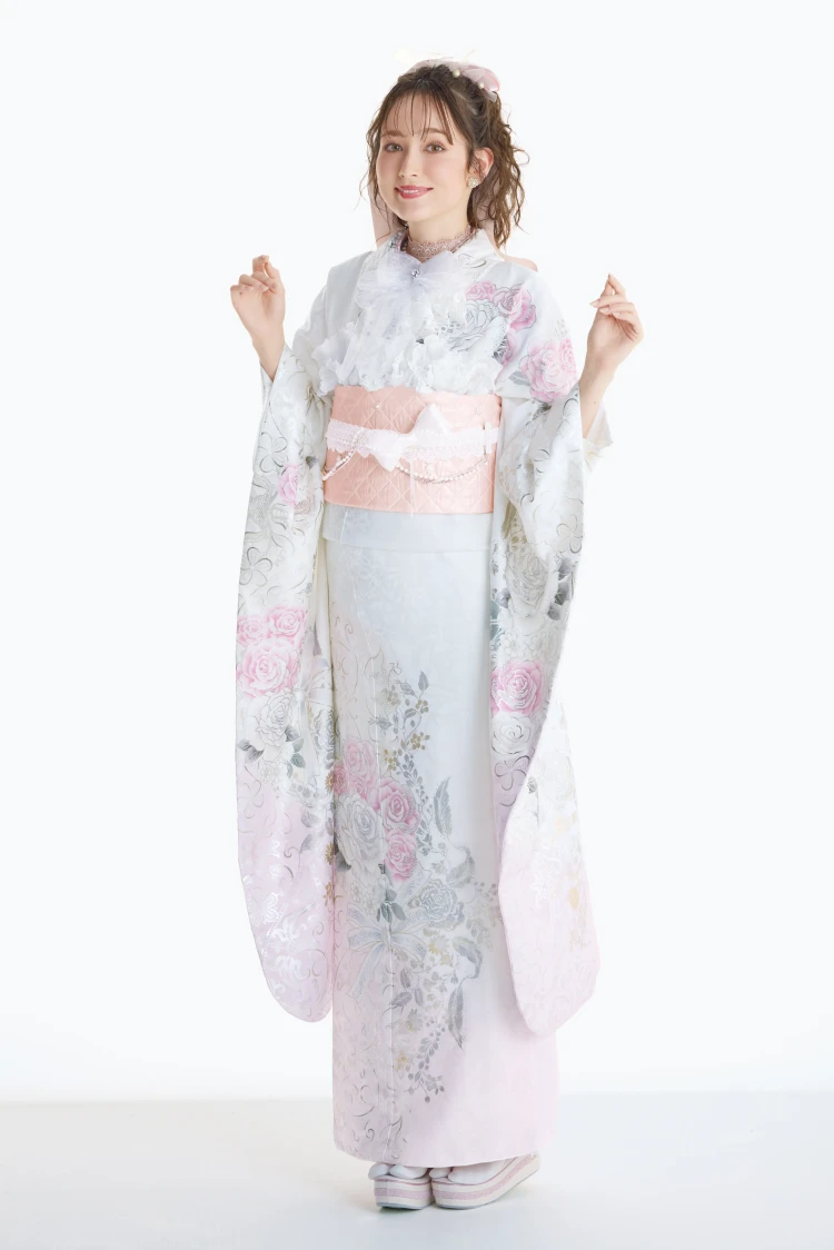 振袖 薔薇柄 クリームホワイト 後ろ背中編込み ロングワンピース 振袖