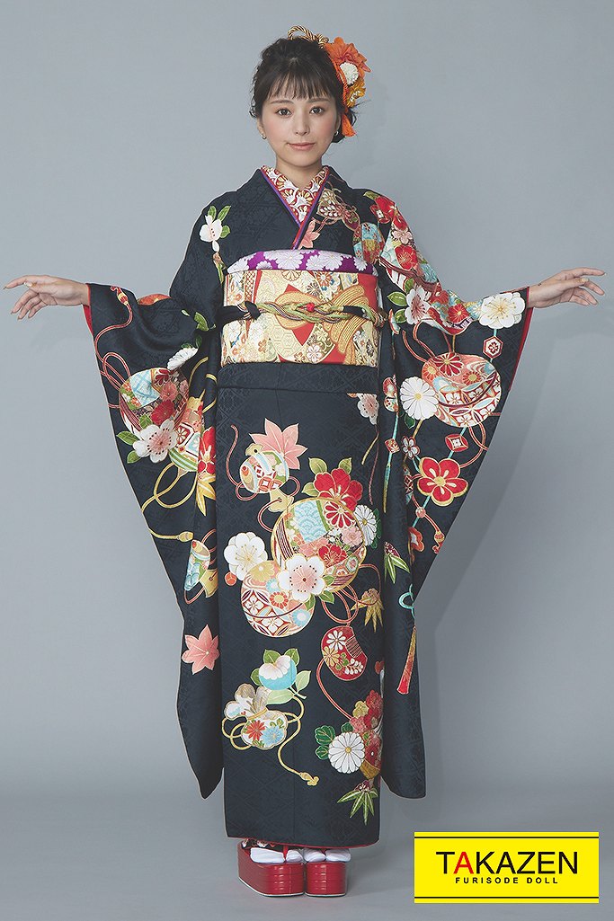 正統派古典 黒/オレンジ 毬柄 シンプル 大人っぽい古典振袖 金彩刺繍京