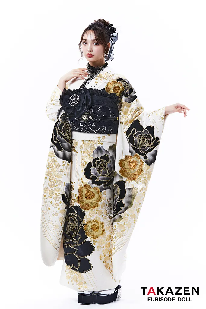 高級ヘップバーン 白/ゴールド/黒 ベルベット素材バラ柄 セレブ