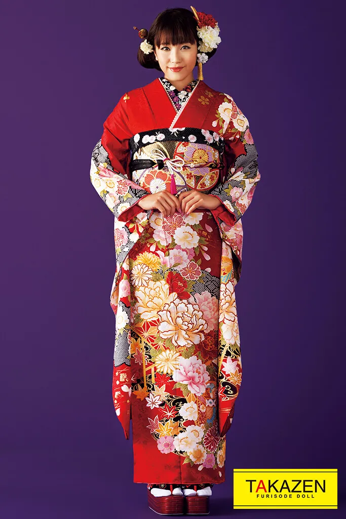 激安正統派古典 赤/黒 ボタン柄/和柄 お得 大人っぽい 清楚 振袖 伝統