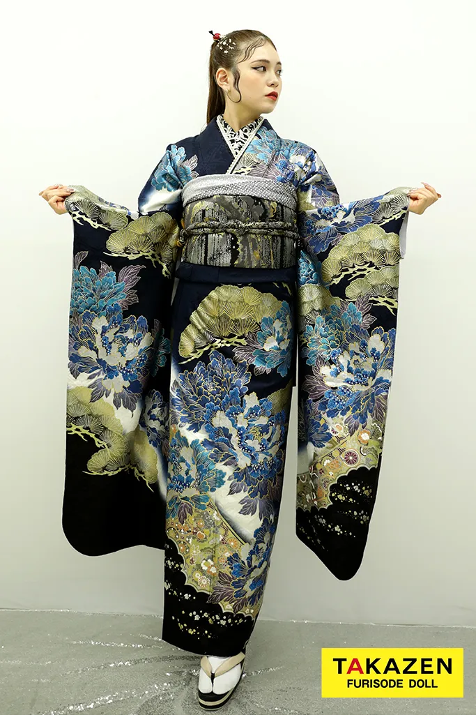 ジャパンモード ブルー(青色)/ゴールド(金色) 松柄/牡丹柄 花魁風 渋い