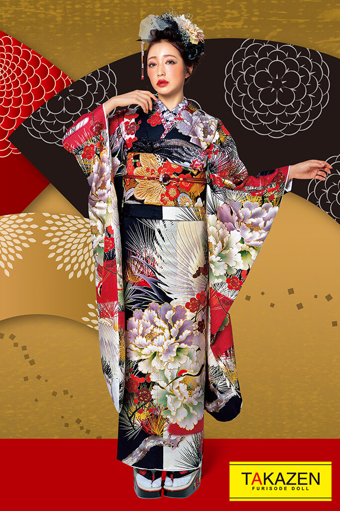 ジャパンモード 白/黒/赤 鶴柄 目立つ振袖 かっこいい極妻風 坂本礼美