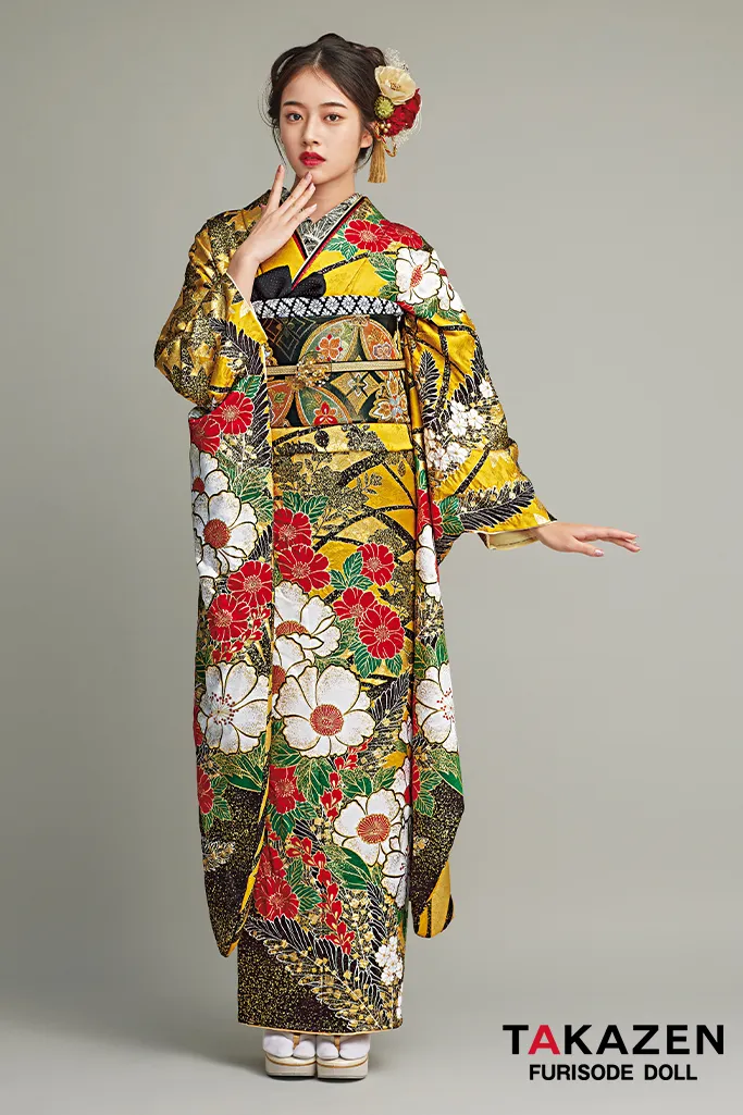最高級古典柄振袖 滝泰/最高級金彩刺繍絞り友禅 からし/黄/赤 牡丹柄