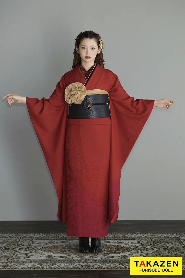 ヴィンテージスタイル 赤 無地 目立つ振袖 個性的 スタイリッシュ
