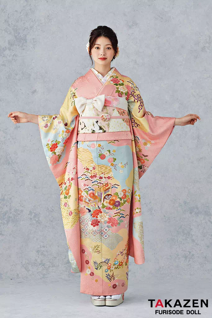 最高級古典柄振袖 千總/最高級金彩刺繍手描京友禅 ピンク/水色 御所車