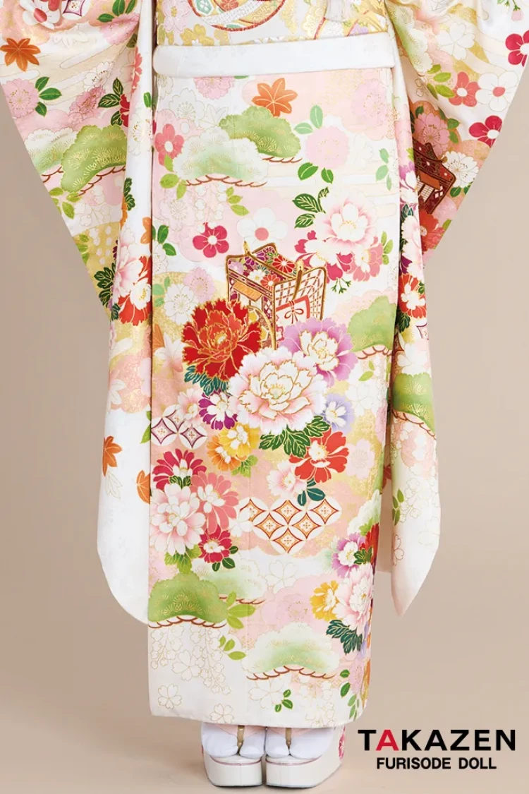 正統派古典 白/ピンク 御所車柄/牡丹柄 吉澤織物/最高級金彩手描友禅