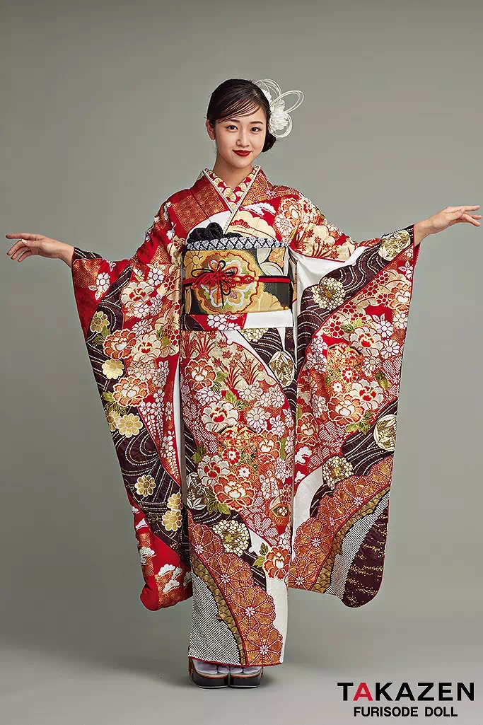 最高級古典柄振袖 滝泰/最高級金彩刺繍絞り友禅 赤/金 貝桶柄/牡丹柄