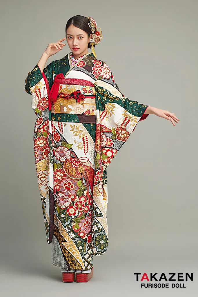 最高級古典柄振袖 滝泰/最高級金彩刺繍絞り友禅 緑/赤 鞠柄/牡丹柄