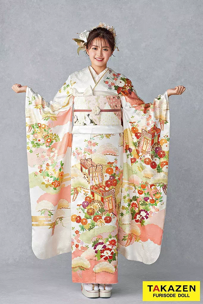 最高級古典柄振袖 吉澤織物/文楽/人間国宝吉田簑助 白/ピンク 御所車