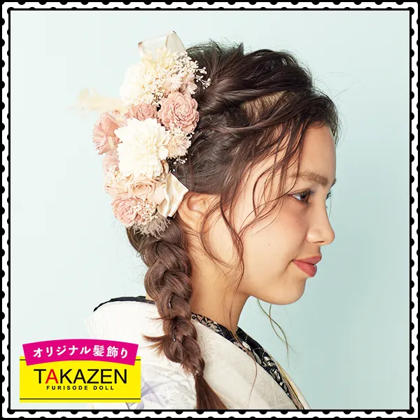 上品なふんわりポニーテール くすみカラー振袖用髪飾り(薄グレー