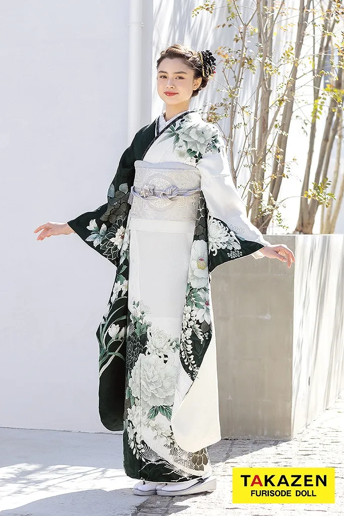 金彩 牡丹 牡丹模様 振袖 着物 013a p 振袖： R2134白金 牡丹に松竹梅