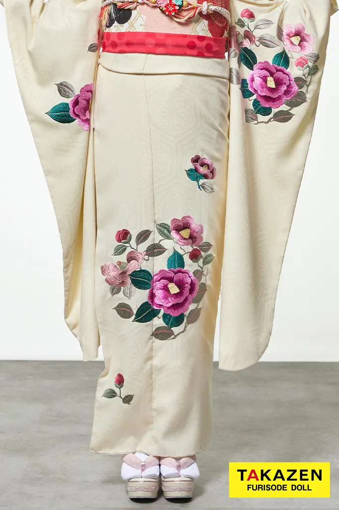 格安大正ロマン 白/ピンク 椿柄刺繍 シンプル すっきり 柄少なめ