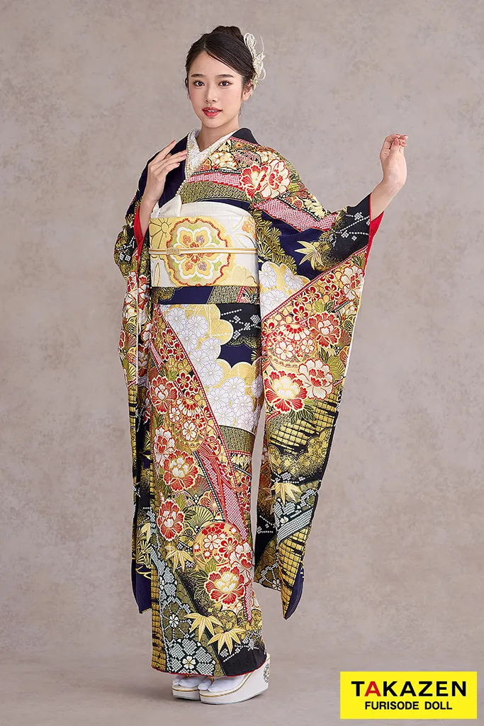 最高級古典柄振袖 滝泰/最高級金彩刺繍絞り友禅 紺色/ネイビー 牡丹柄