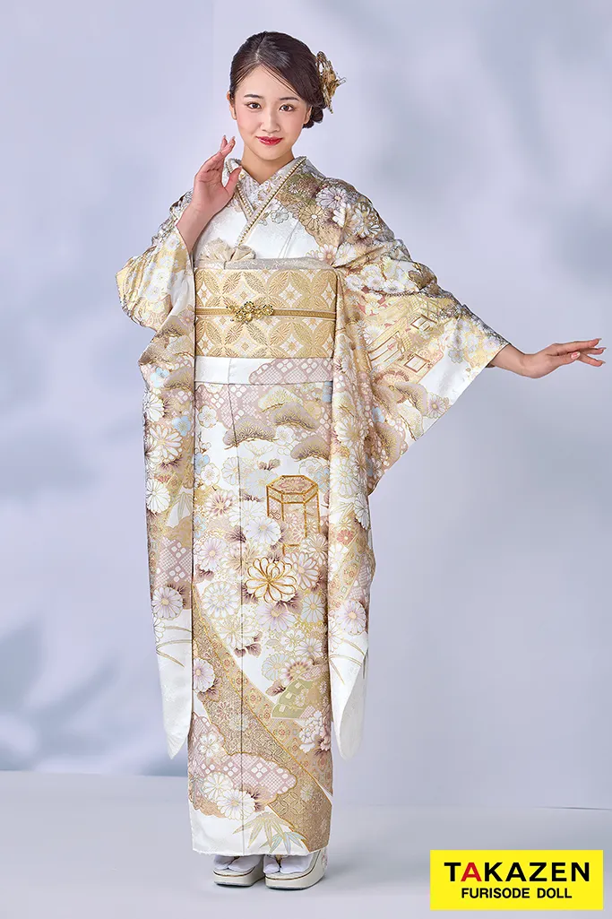 最高級古典柄振袖 吉澤織物/吾妻徳穂 黄色/ピンク 御所車柄/雲取り